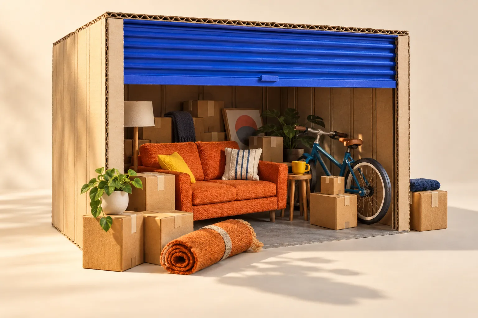 Original handmade miniature storage room with a cobalt shutter, orange sofa, bicycle and cardboard moving boxes